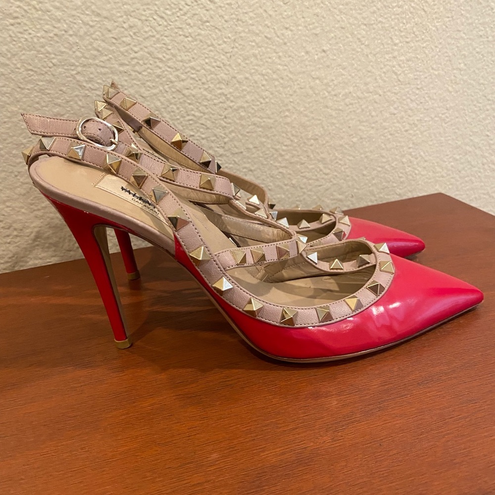 Valentino Red Patent Leather Rockstud Slingback Heels
